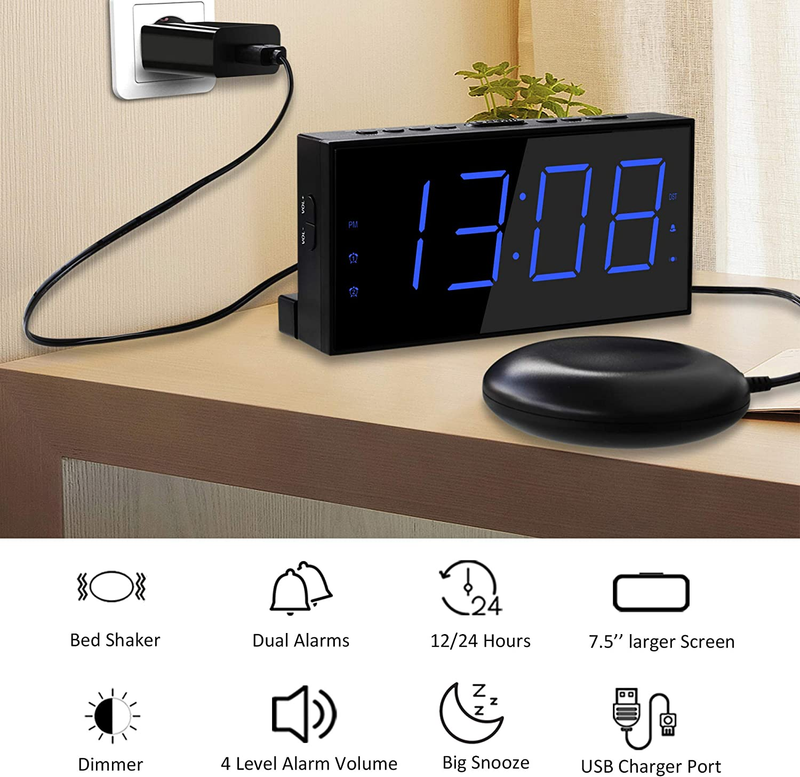 Super Loud Bed Shaker Vibrating Impaired Deaf Alarm Clock 7.5&rsquo;&rsquo; Large Display