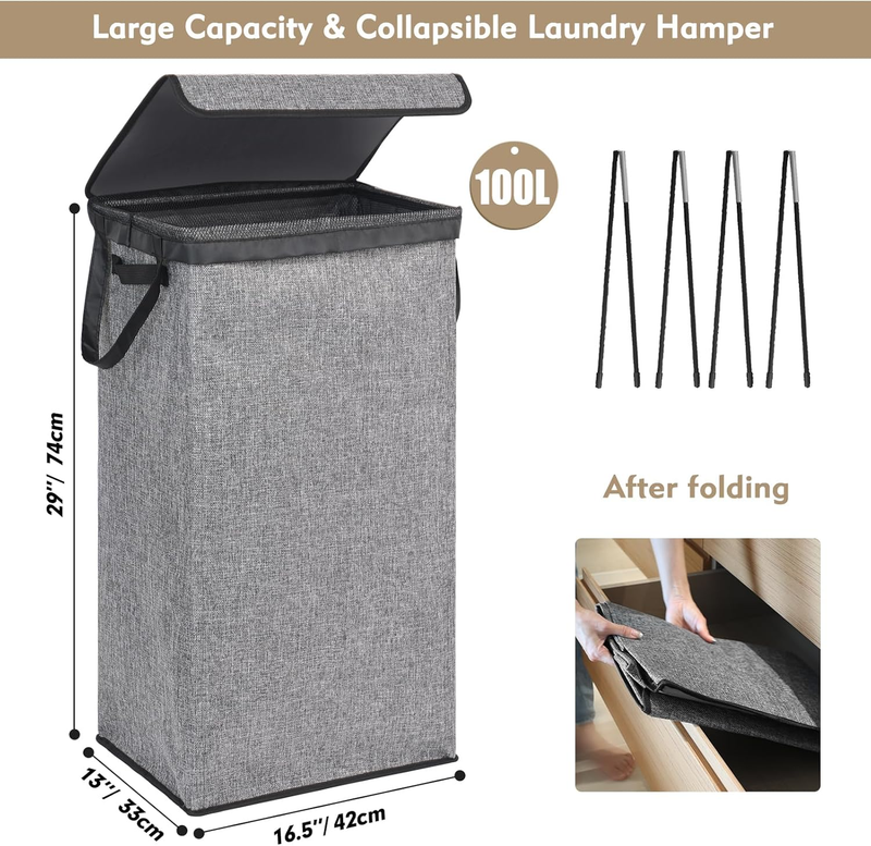 100L Laundry Basket with Lid and Removable Laundry Bags, Large Collapsible Laund