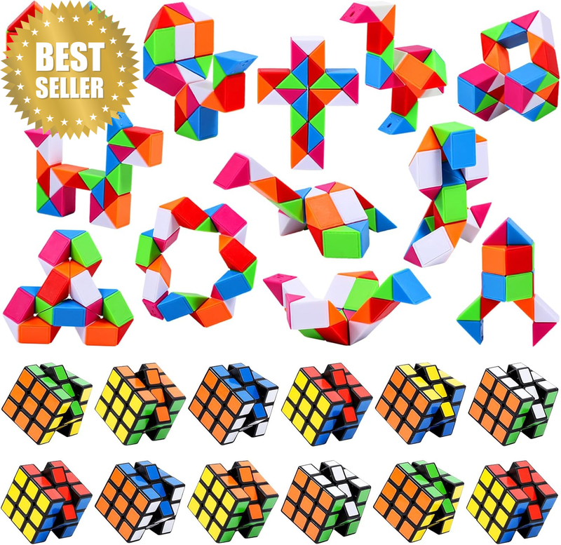 24 Pcs Mini Cubes Bulk, Puzzle Cube & Fidget Snake Cube Party Favors, 1.18In 3×3