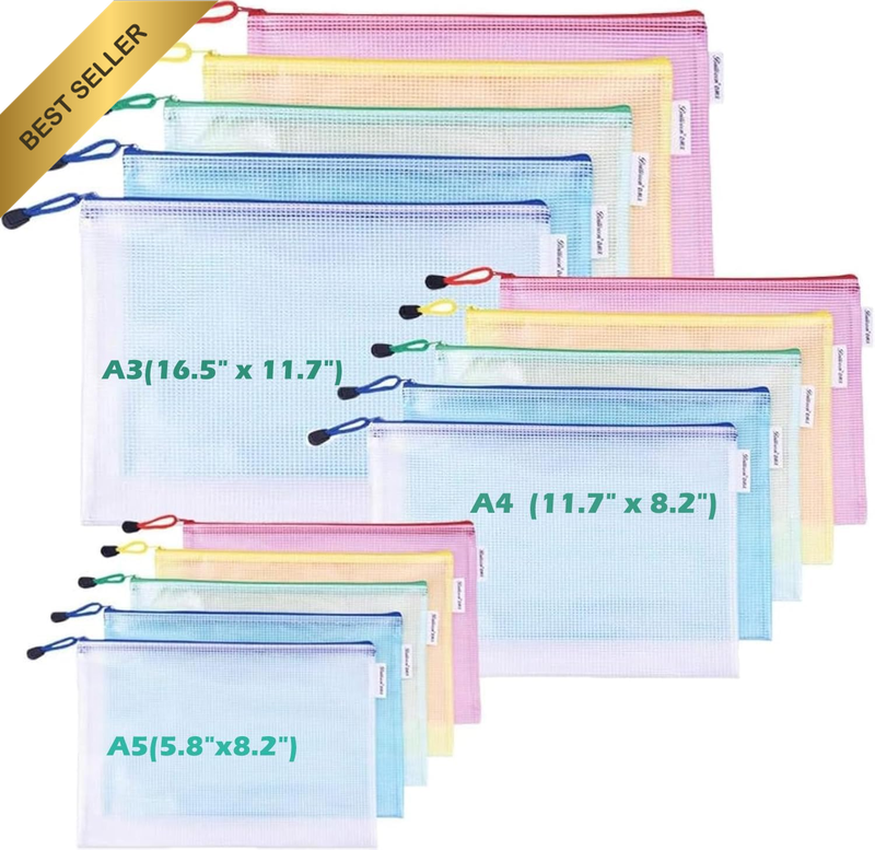 30 Pack Mesh Zipper Pouch Document Bag, A3|A4|A5 Size, Each Size 10PCS, 5 Color