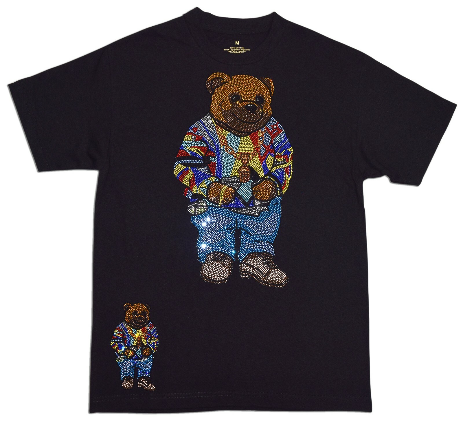 Teddy Bear Tee T Bear Hot Fix Rhinestones New Black Men
