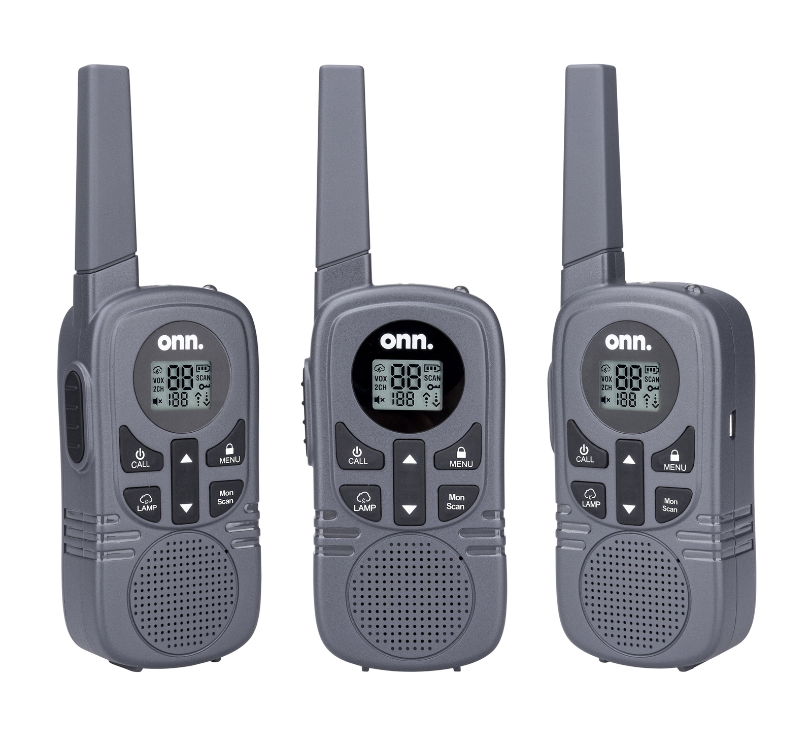 Onn. 23 mile Walkie Talkie 3 pack with Two Way Radios, LED Light,22 FRS Channel