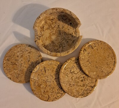 Set/4 Palmero Riva Marble Coasters w/ Matching Case 4'' diameter New SAVE