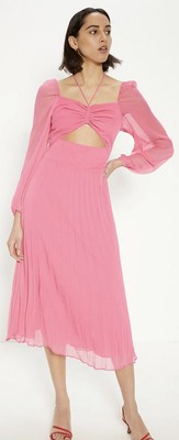 Oasis Ladies Ruched Front Pleated Pink Chiffon Midi Dress UK Size 6 Long Sleeved
