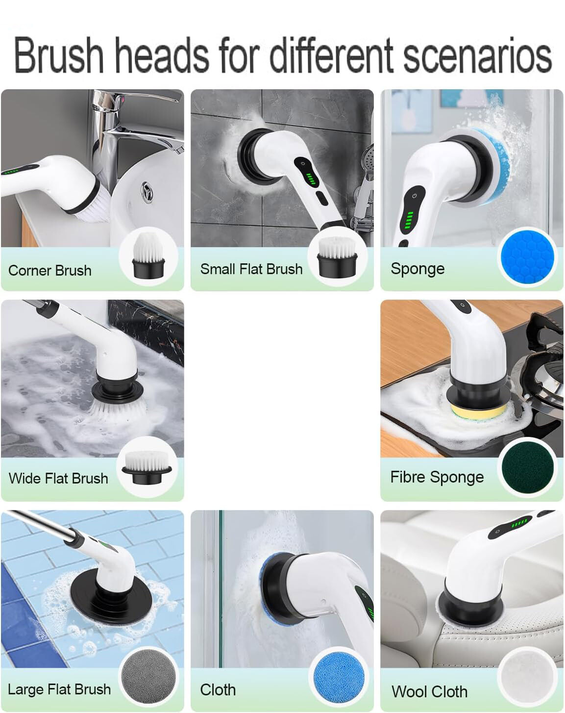 8 Heads Electric Spin Scrubber Cordless Bath Tub Power Scrubber with Handle US