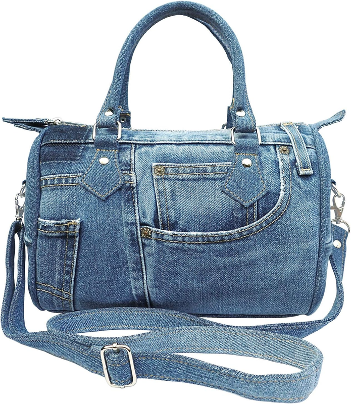 Handmade Upcycled Denim Crossbody Handbag for Women, Lightweight Blue Jean Satchel Purse with Adjustable Strap and Top Handle for Daily Use - 10 X 8 X 5.5 Inches (Medium Shade)