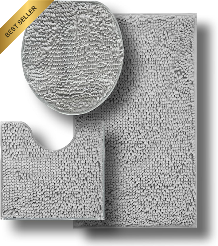3Pcs Bathroom Rug Set Chenille Washable Bath Mat Contour Mat and Toilet Lid Grey