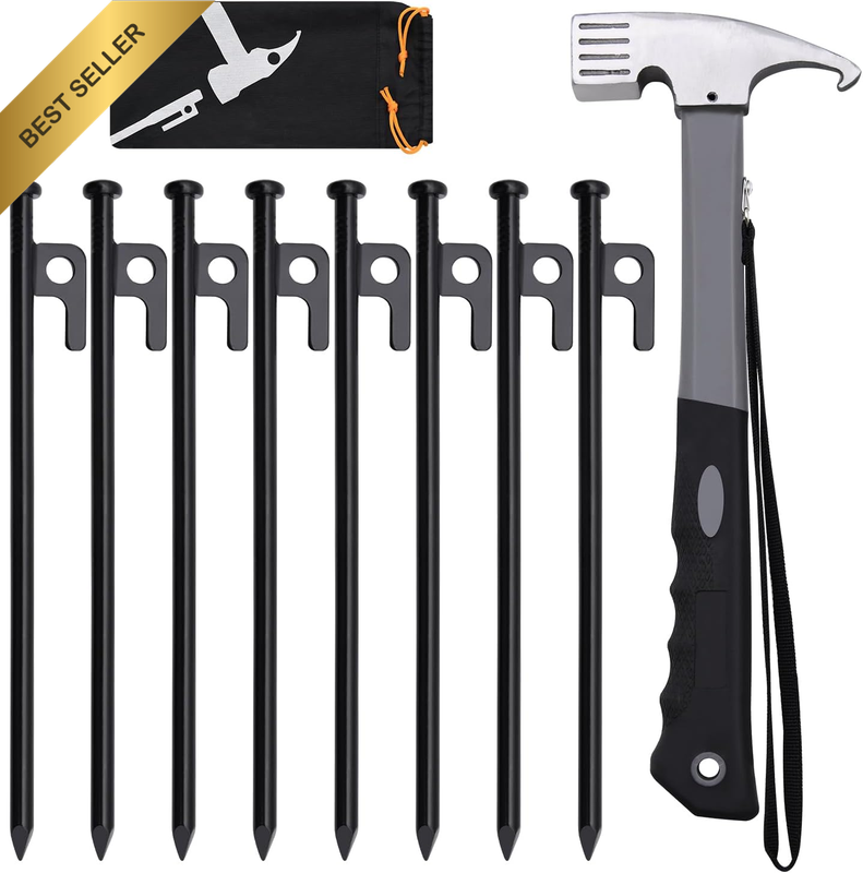 4/8/16Pcs Tent Stakes and Hammer Set, 8/10/12/16In Heavy Duty Forged Steel Tent