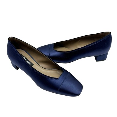 Pre-owned Pedro Garcia Eladia 38 Eu Navy Silk Satin Low Block Heel Slip On Pump $550 In Blue