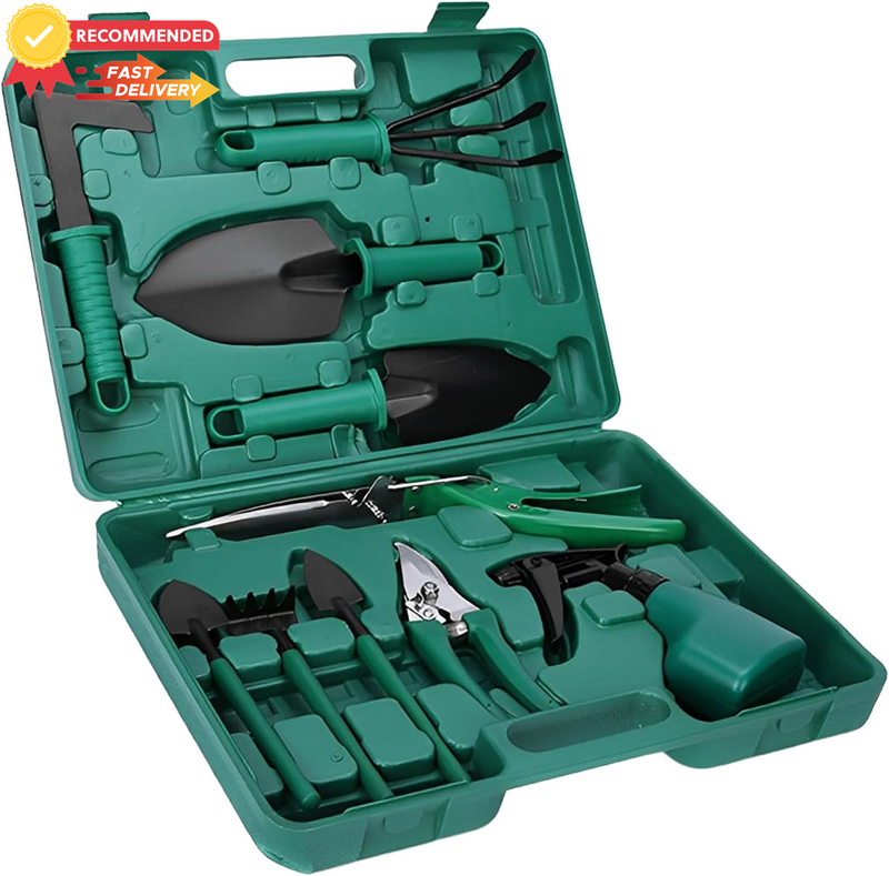 Garden Tools Set 10pcs Heavy Duty Ergonomic with Case Pruner Rake Shovel Trowel