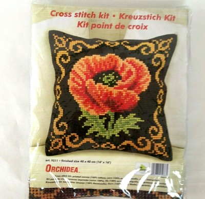 Orchidea Poppy Flower Cross Stitch Kit Pillow Black with Gold Scrolls 16x16 Inch