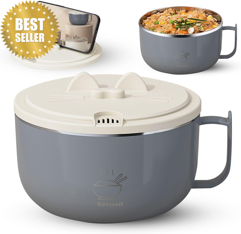 Ramen Bowl, Stainless-Steel Noodle Bowls with Lid and Handles