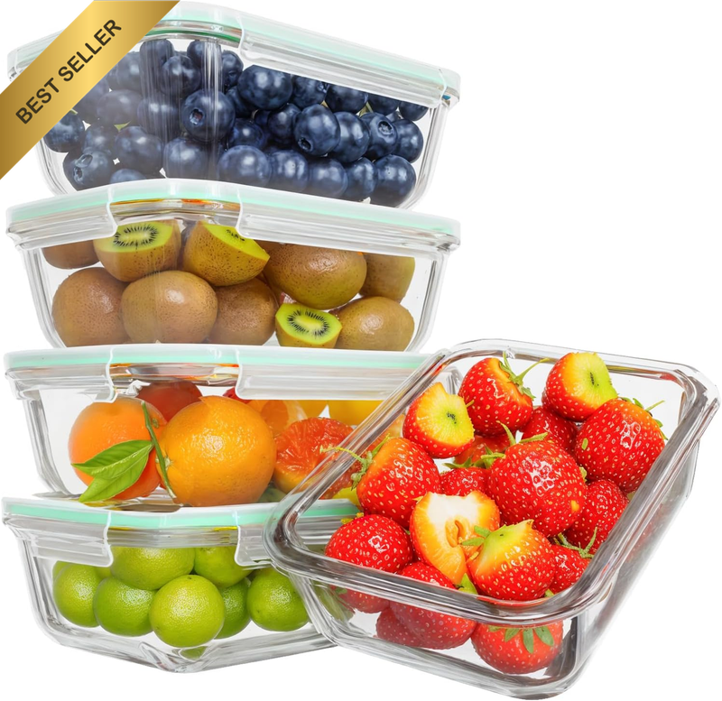 5PK Glass Airtight Food Storage Containers 1040ml Meal Prep Lunch Box