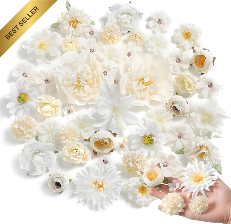 48 Pcs White Artificial Flower Heads Fake Silk Flower Heads Bulk Faux Flowers fo
