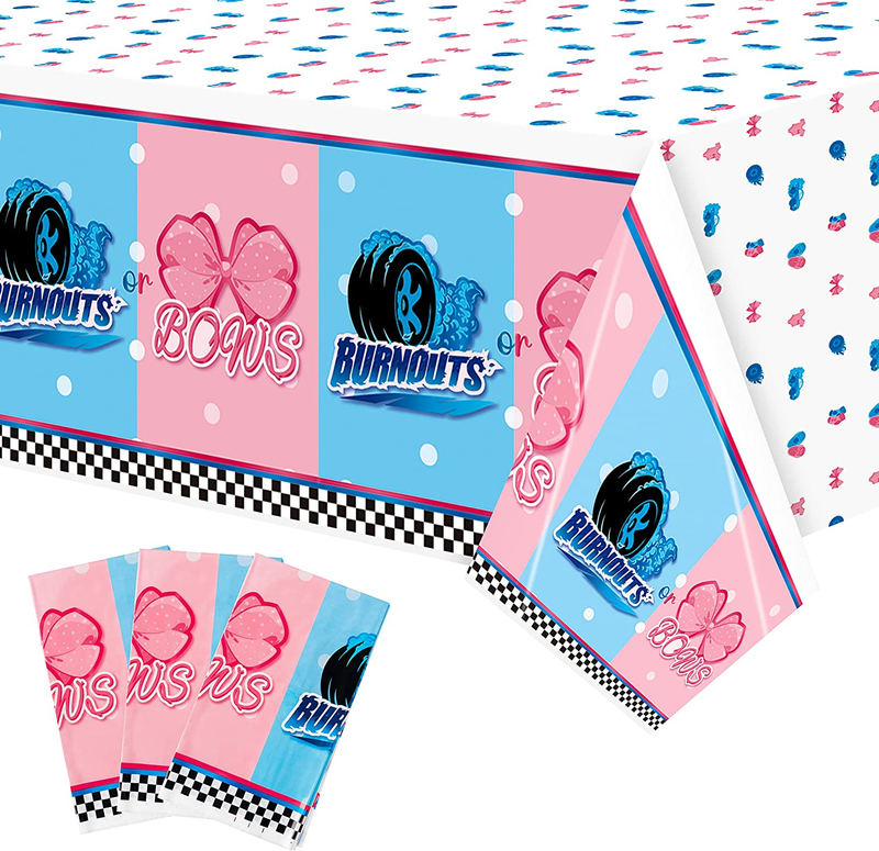 3Pcs Burnouts or Bows Gender Reveal Tablecloth Boy or Girl Plastic Table Cover H