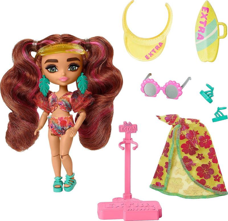 Barbie Extra Fly Minis Travel Doll, Beach Look with Pink-Streaked Pigtails in Sw