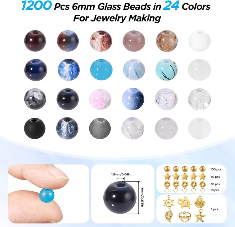 1377pcs Neutral Colors Glass Beads, 6mm Round Beads Bracelet Making Kit, Marble