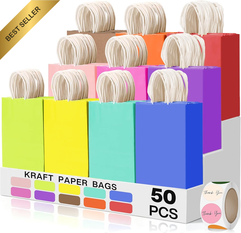 50 Packs 21X15X8 CM Paper Gift Bags with Handles, Paper Bags | Kraft Paper Party