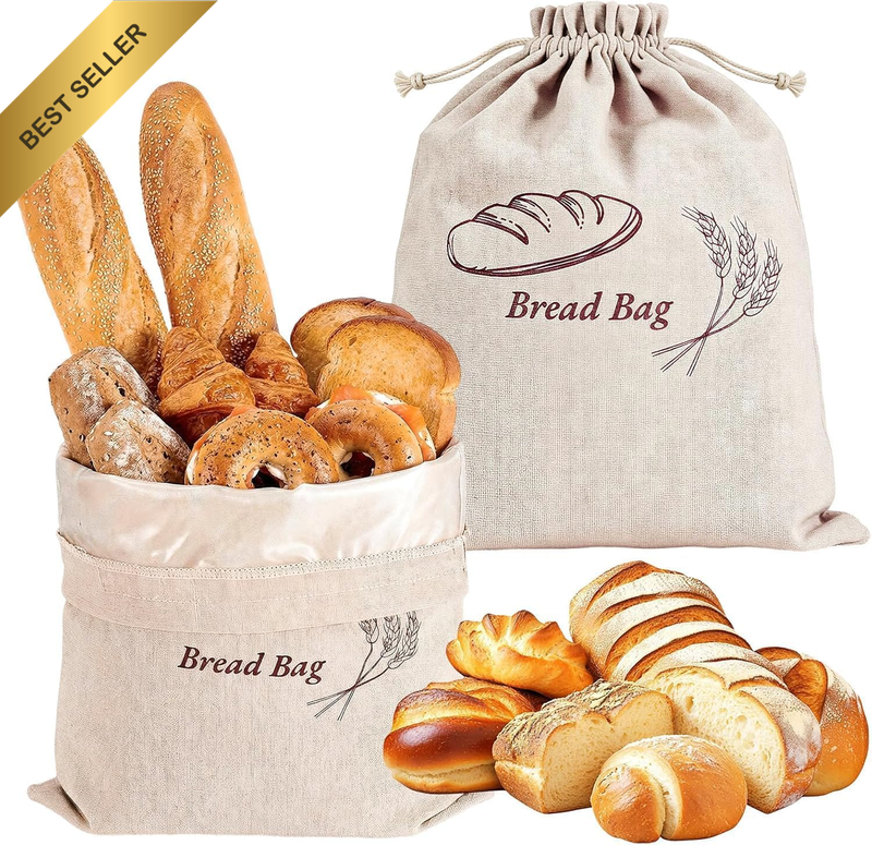 2 Pack Plastic Lined Bread Bags for Homemade Bread 12X15.8" | 2-Layer Large Reus