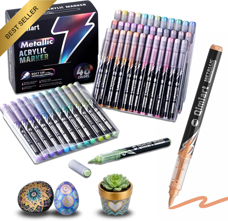 48 Colour Metallic Markers, Acrylic Paint Pens for Rock Fabric Wood