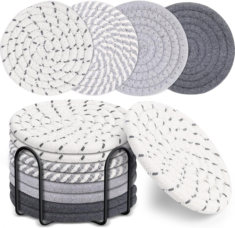 8 Pcs Drink Coasters with Holder, 4 Colors Absorbent Coasters, Minimalist Cotton