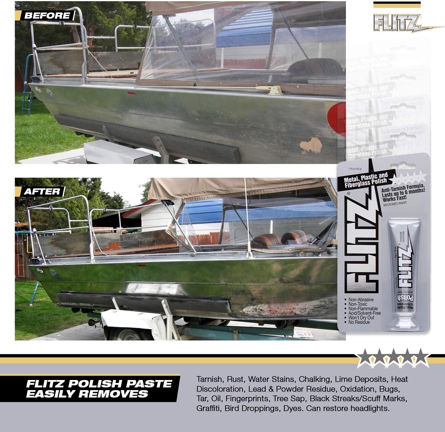 FLITZ Metal Plastic Fiberglass Polish Paste Cleaner Tube 1.76oz 50 Gram BU 03511