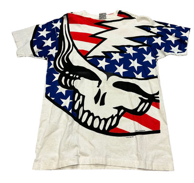 VTG 1993 GRATEFUL DEAD SKULL USA FLAG ALL OVER PRINT T-SHIRT XL LIQUID BLUE (6)