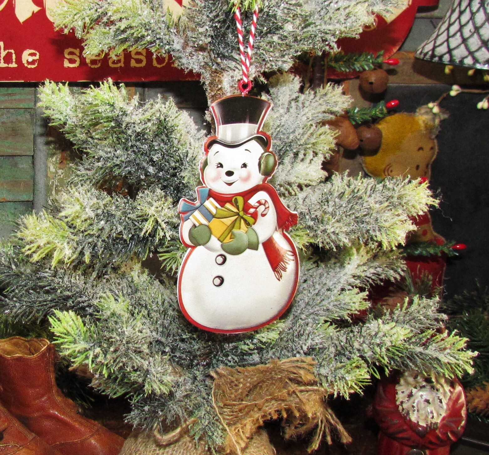 Primitive Antique Vtg Style Retro 5" Snowman Christmas Tree Tin Ornament