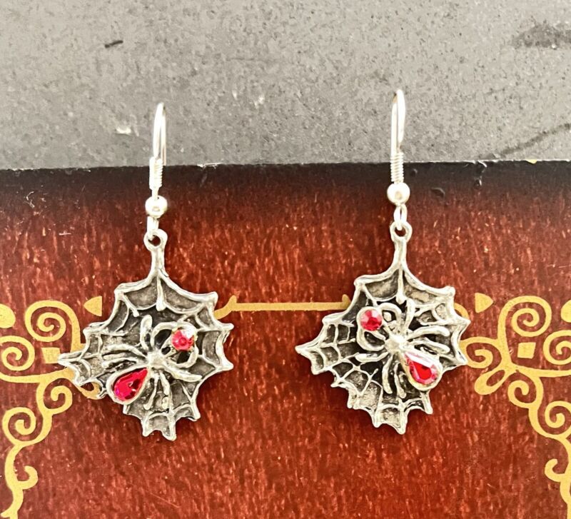 Gallo Pewter Spider 🕷️ Earrings W/ Red Crystals Signed And Dated. Surgical...