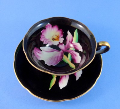handpainted purple orchid on black japan tea cup and saucer set