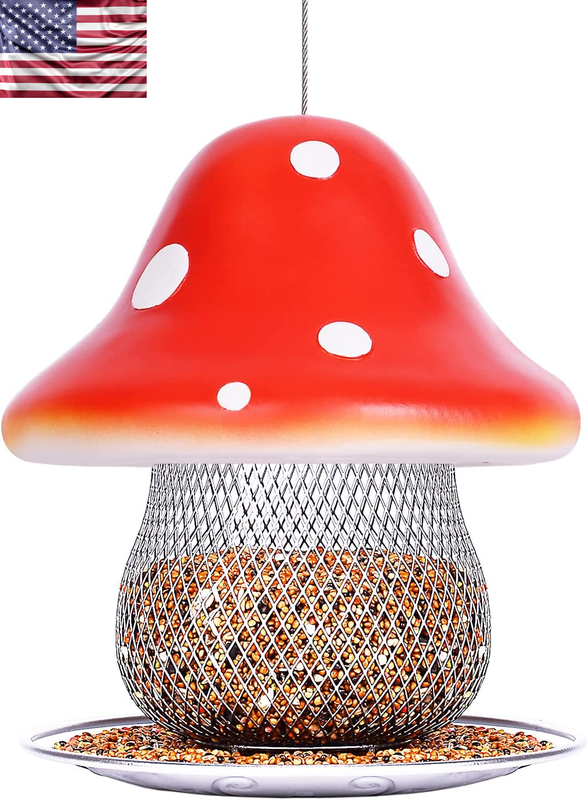 Solar Hanging Bird Feeder Color Changing Mushroom Garden Lantern Bird Seed Perch