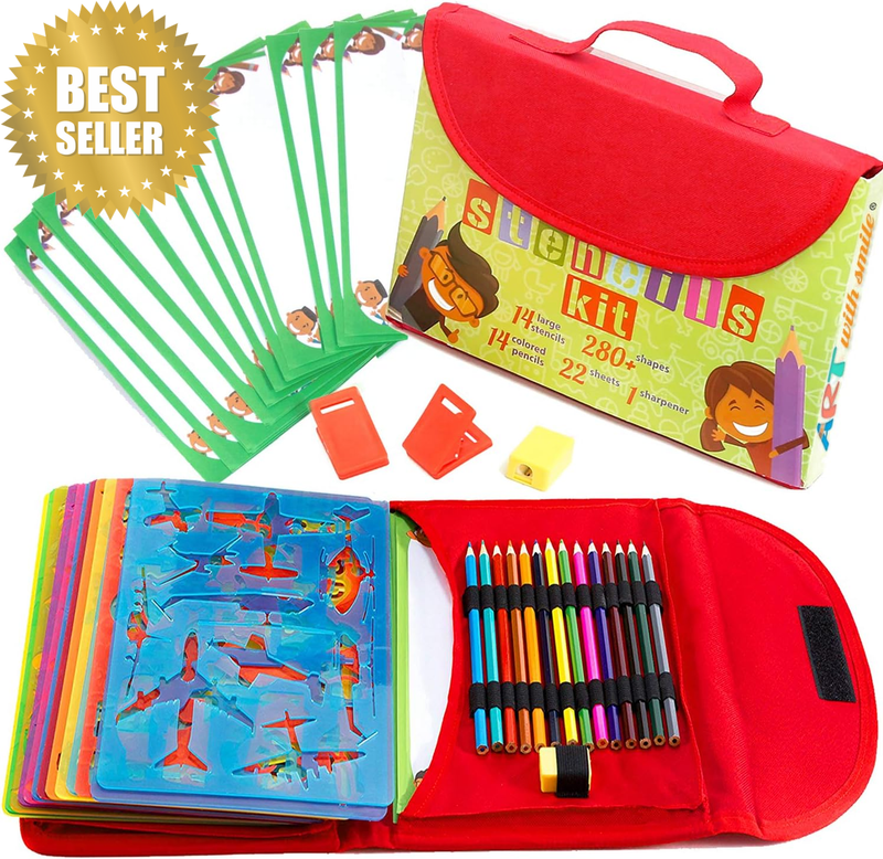Drawing Stencils for Kids Kit & Carry Case – – Child-Safe, Non-Toxic Stencil Set