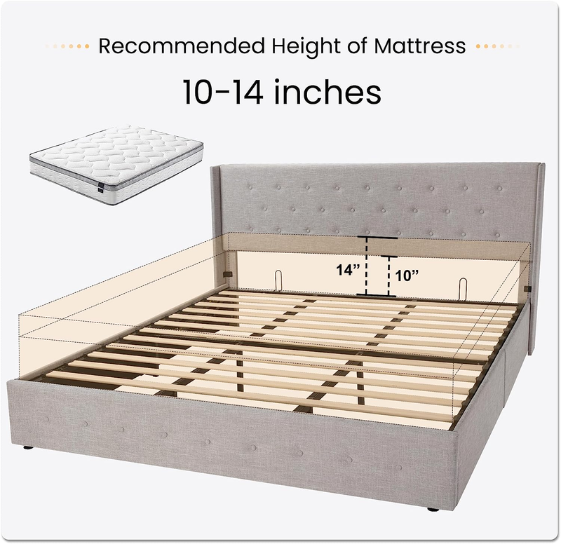 King Size Lift up Storage Bed/Button Tufted Wingback Headboard/Hydraulic Storage