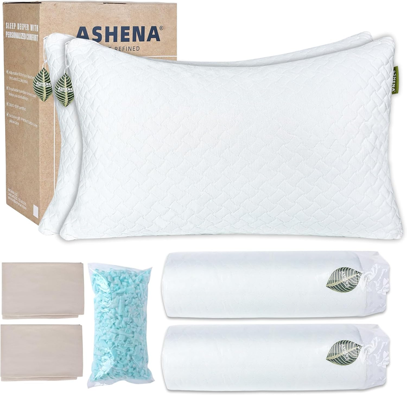 Adjustable Bed Pillows Queen Size Set of 2 - Cooling Bamboo Cover, Custom Loft Pillow for Sleeping - Bedding for Back, Stomach or Side Sleepers