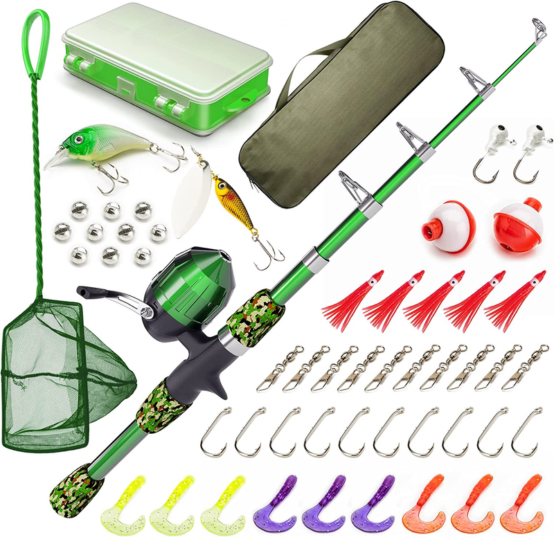 Kids Fishing Pole & Tackle Box w/ Net, Travel Bag, Reel, Beginner’s Guide