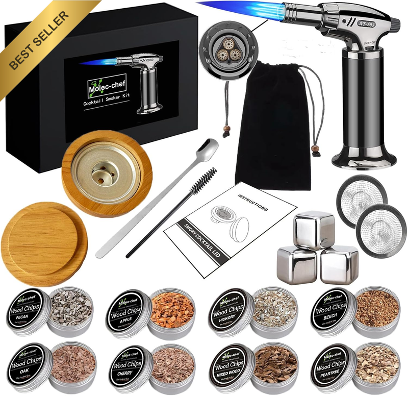 Cocktail Smoker Kit with Torch 8 Wood Chips Whiskey Drink Smoker Deluxe Smoke In