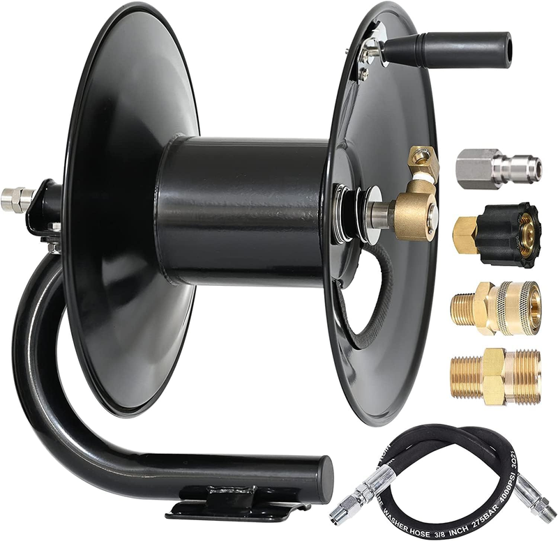 Pressure Washer Hose Reel 100 Ft with Jumper Hose 3Ft, Heavy Duty Steel Manual C