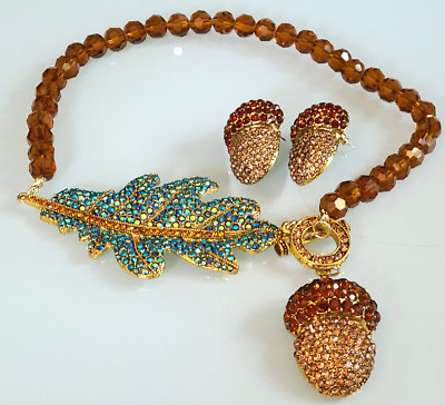UNSIGNED HEIDI DAUS STYLE FALL/ AUTUMN LEAF ACORN AB CRYSTAL EARRINGS & NECKLACE