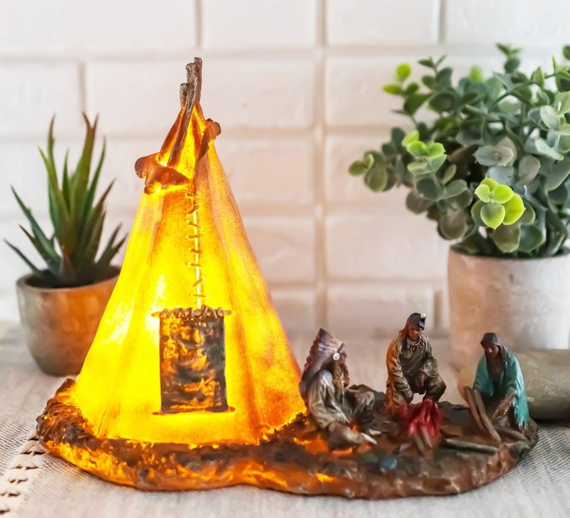 Native American Indian Chief and Elders Building Fire By LED