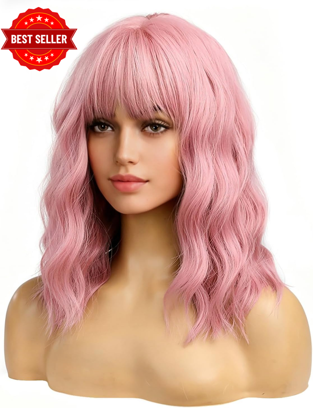14 Inches Women Girls Short Curly Synthetic Wig with Bangs Lovely Pink