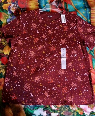 NWT Old Navy Women's Burgundy Orange Floral Cotton Top Size Large Short Sleeve