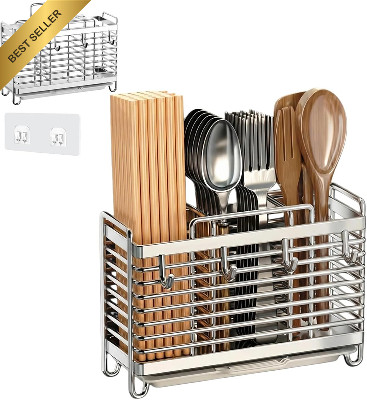 Utensil Holder, Stainless Steel Utensil Drying Rack with Drain Tray, Kitchen Cou