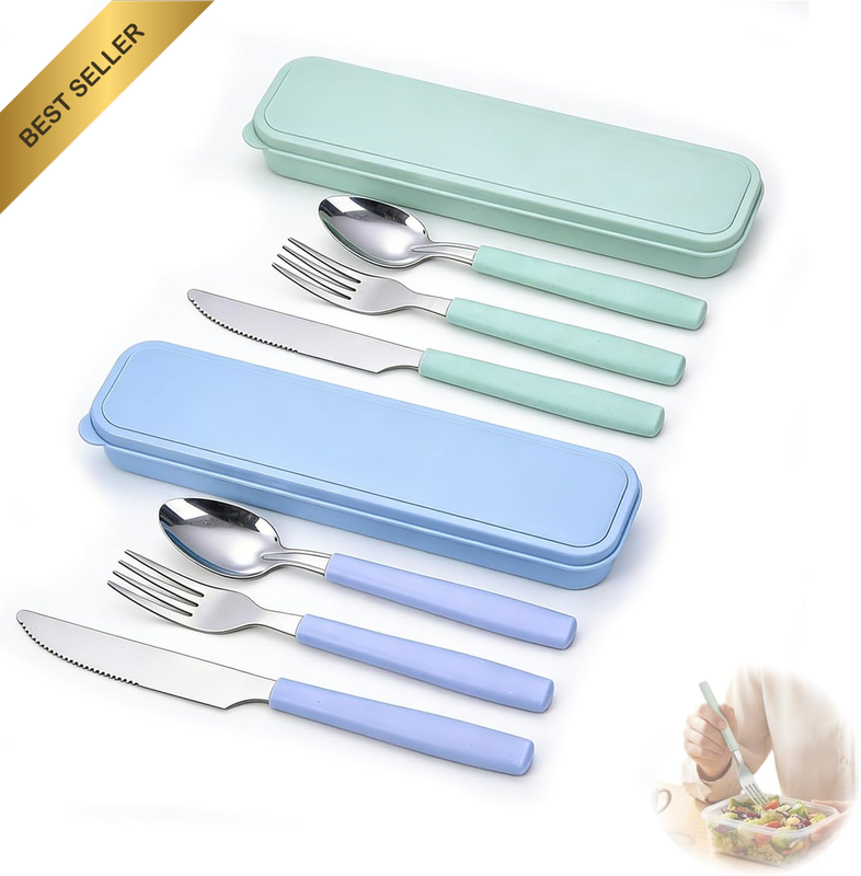 2 Pack Cutlery Set, Portable Stainless Steel Travel Cutlery Set with Knife, Spoo