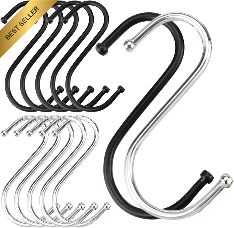 12 Pack S Hooks Heavy Duty - 6 Black & 6 Silver Metal Hooks for Hanging, Garage,