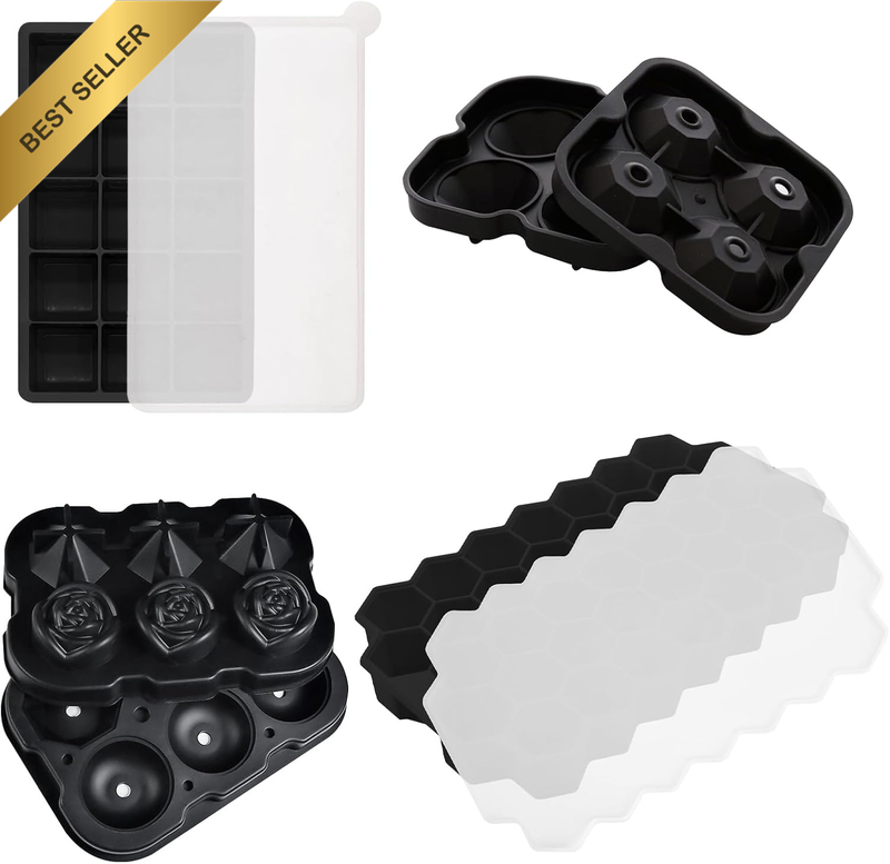 4 Pack Ice Cube Trays Silicone Square Hexagonal Rose Diamond Ice Cube Molds Set