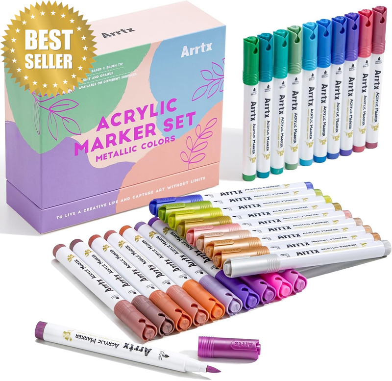 Metallic Acrylic Paint Marker 30 Colors, 1-6Mm Flexible Nylon Brush Tip Waterpro