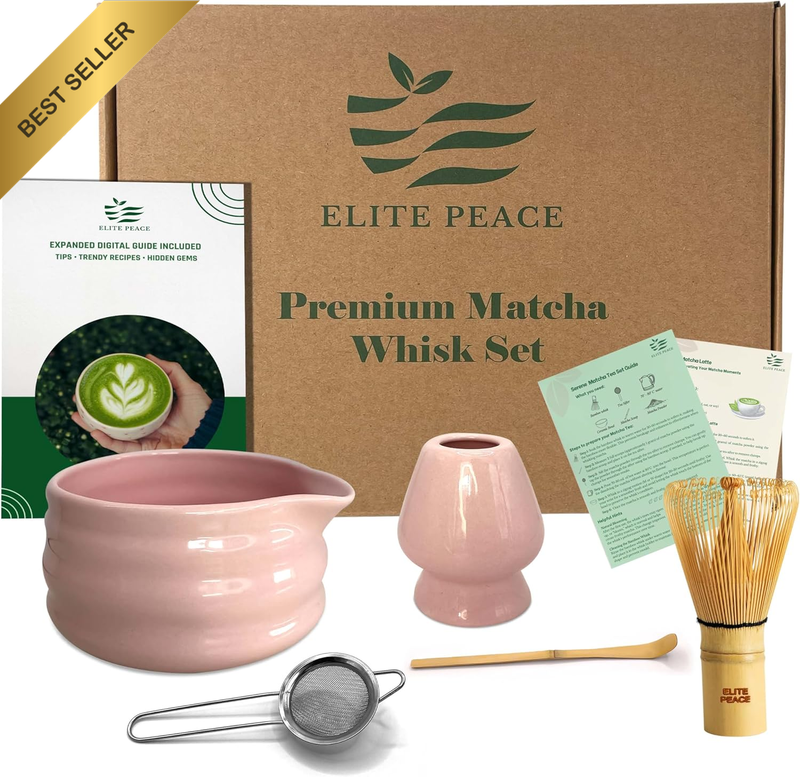 5-Piece Matcha Whisk Set - Bamboo Whisk Ceramic Matcha Bowl with Spout Stainless