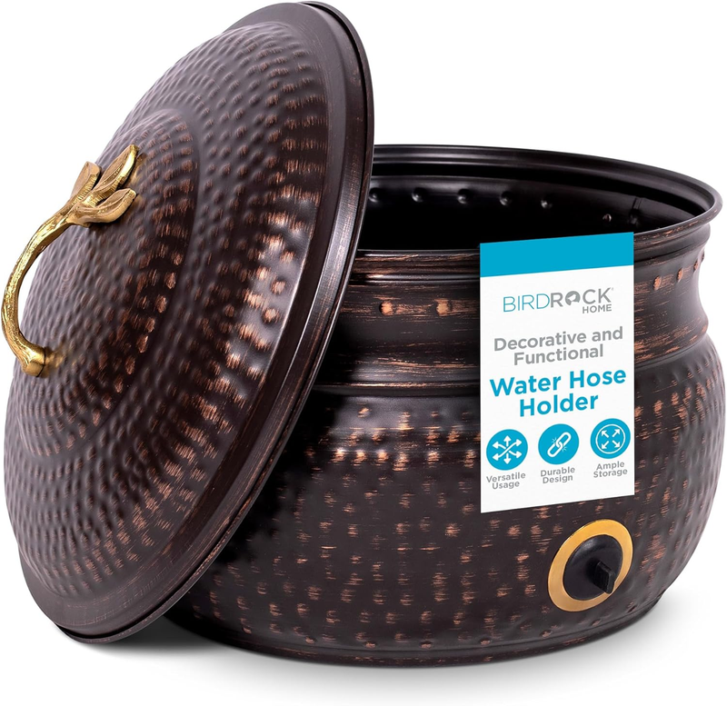 Water Hose Holder - Decorative Metal Pot, Indoor or Outdoor, Garden Storage Organizer, Patio Portable Bucket - Distressed Bronze, Holds up to 200Ft Hoses, Large with Lid