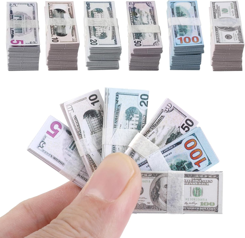 600PCS 1:12 Miniature Scene Dollars Set, 5 10 20 50 100 Dollar Bill