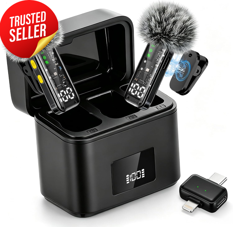 Wireless Lavalier Microphone 2-Pack iPhone LED